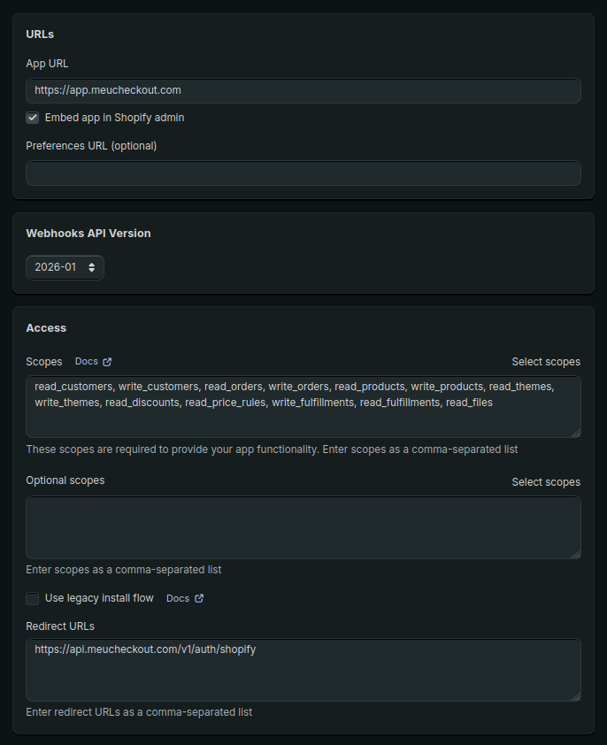 Tela de integração da Shopify no checkout