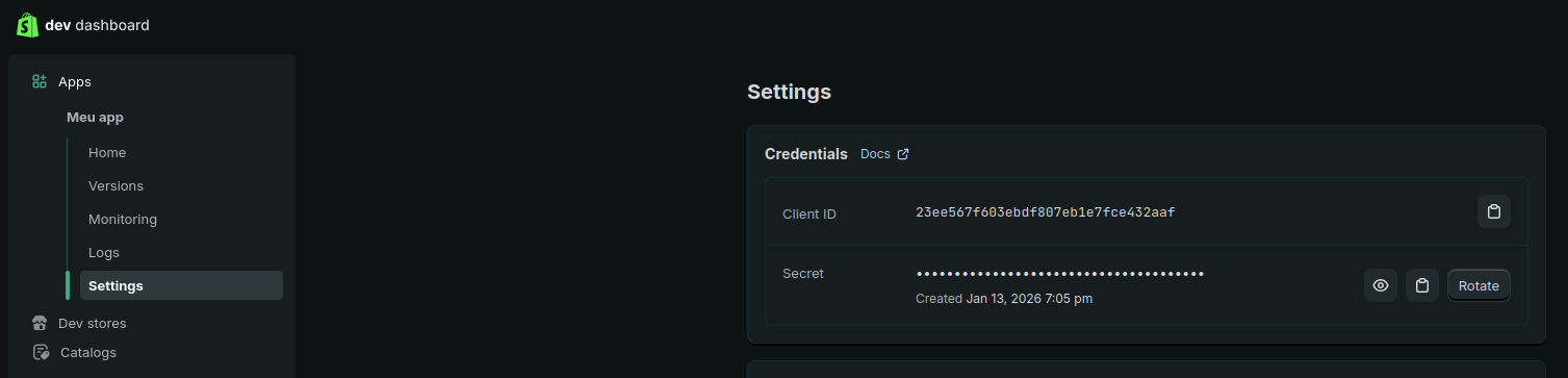 Tela de credenciais da Shopify